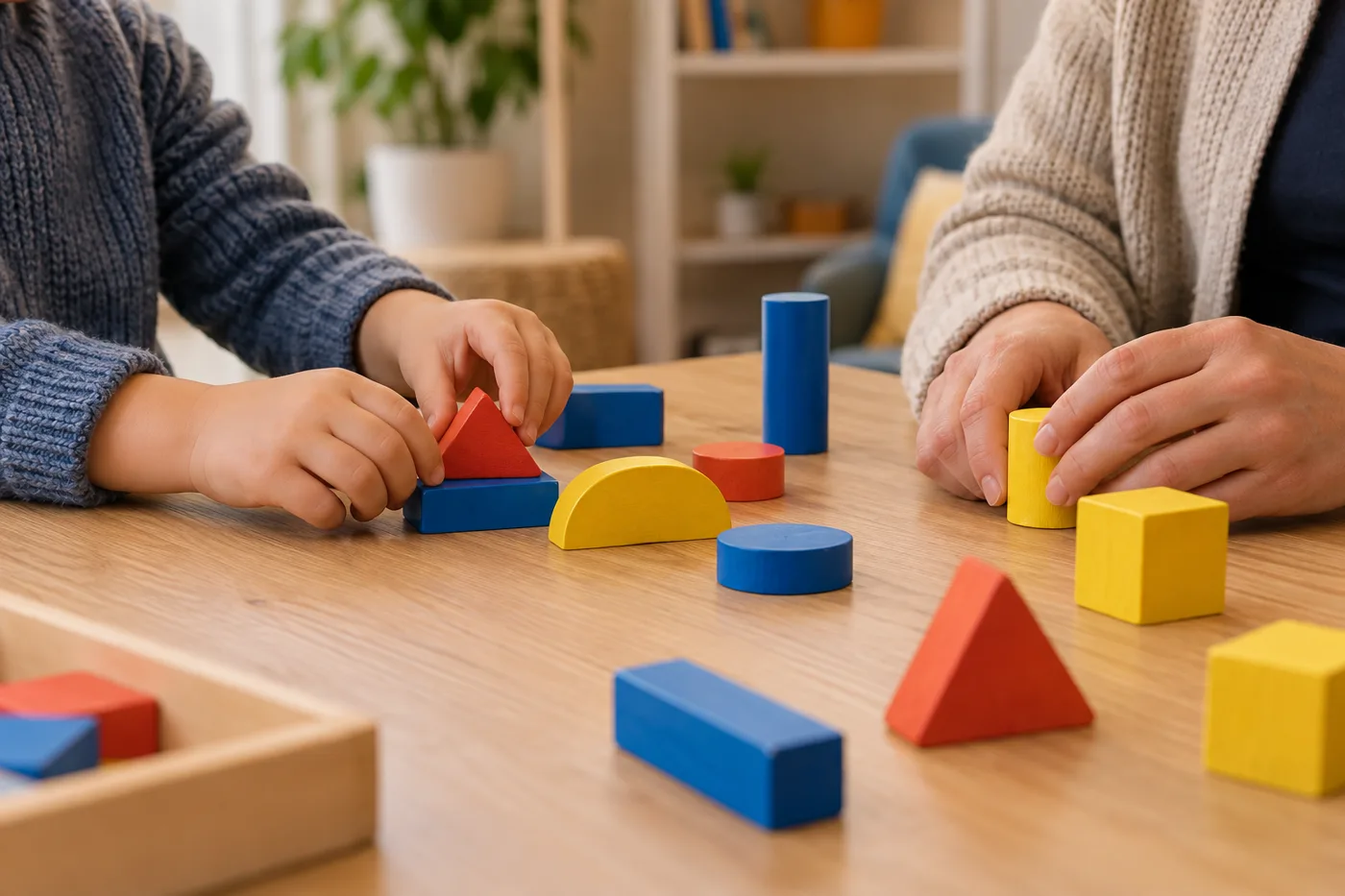 Hände eines Kindes und einer erwachsenen Person ordnen farbige Holzformen