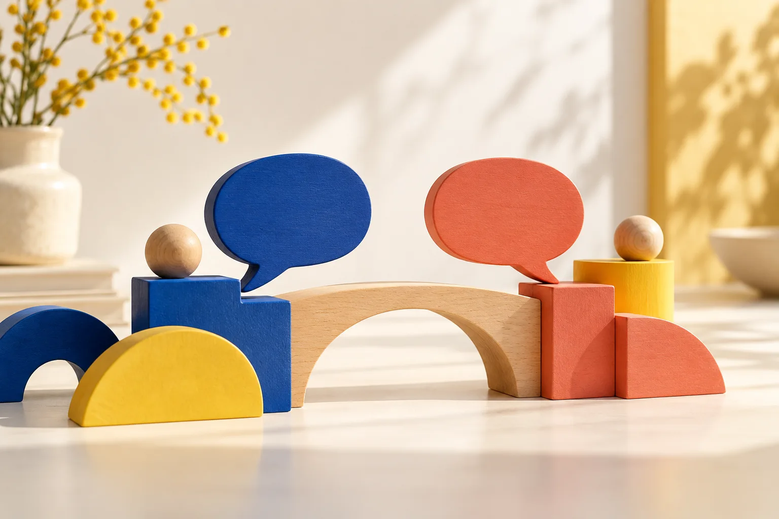 Farbenfrohe Sprechblasen und eine Brücke als Sinnbild für Verständigung
